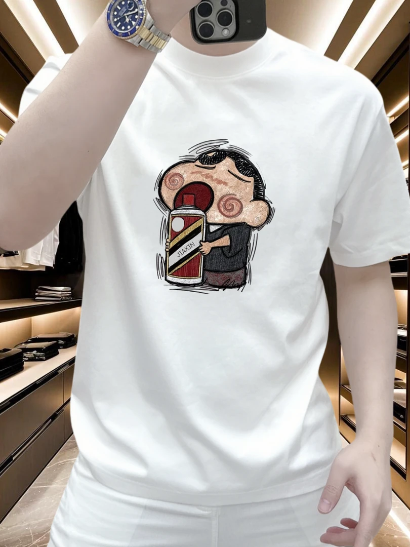 100%重磅纯棉短袖T恤新款白酒小新印花潮流男女同款宽松夏季上衣