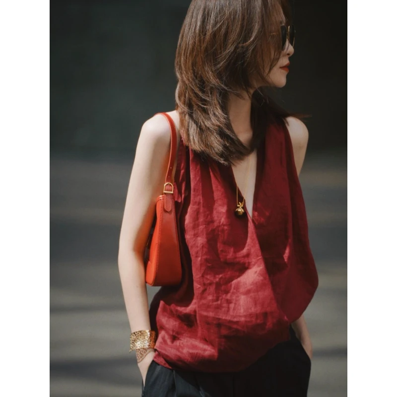 法式别致绝美上衣夏气质时髦洋气高级感轻奢减龄红色无袖百搭衬衫