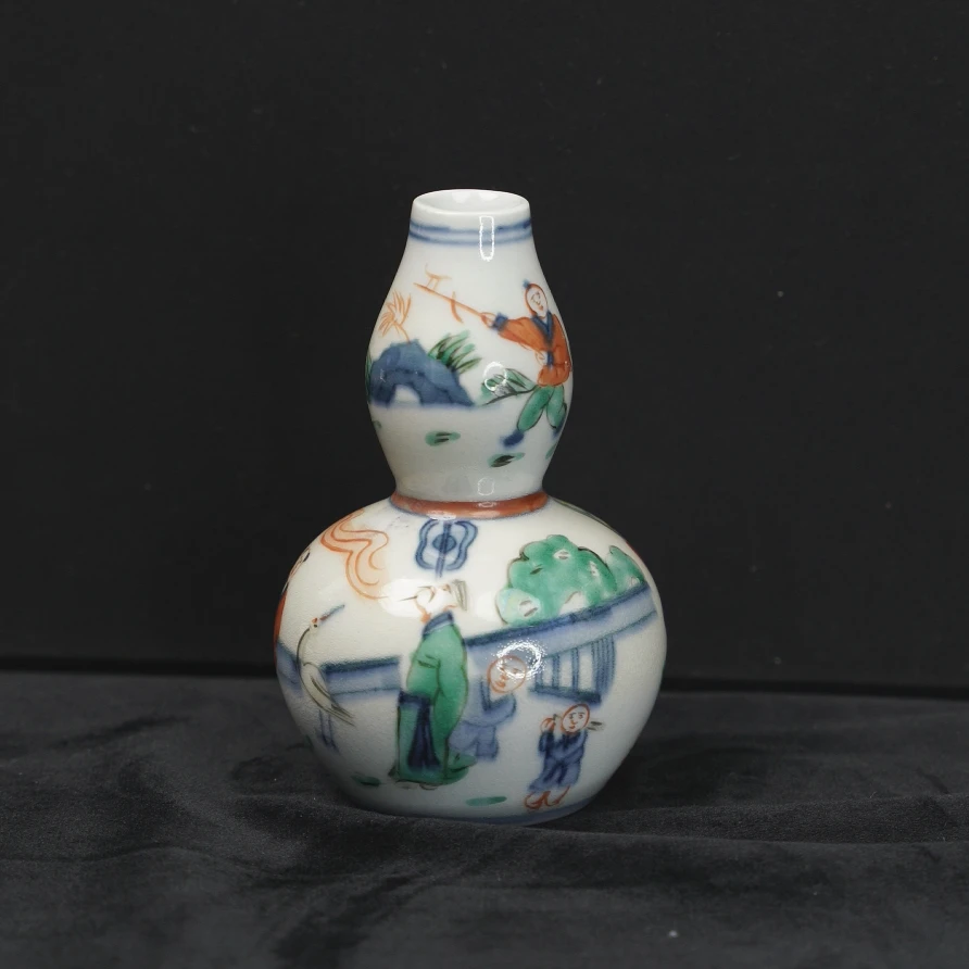 乙1689 建国前后青花五彩人物葫芦瓶 全品 古代真品