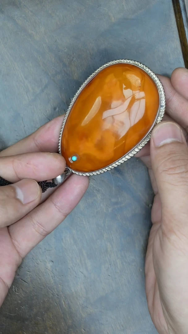 【闪购商品】琥珀裸石银S925镶嵌老蜡水滴吊坠