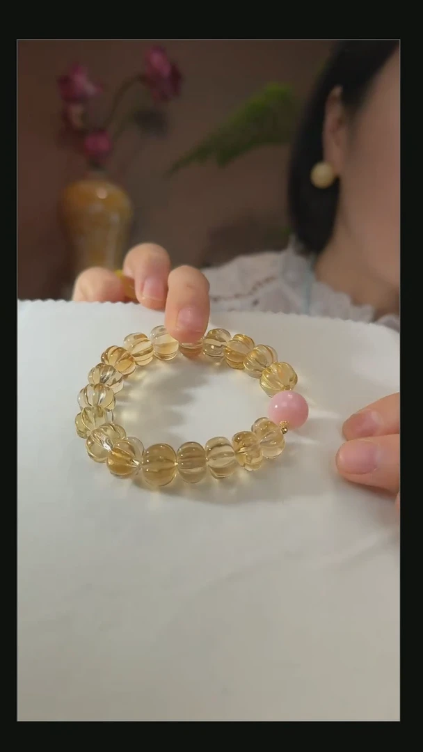 水晶手串18K金镶嵌天然双A级黄水晶南瓜珠手串