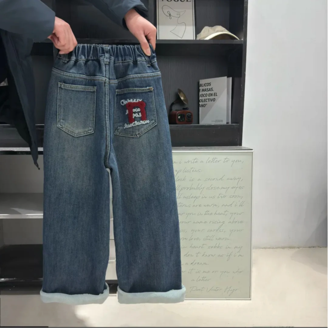 C2535秋冬女童新款后袋红色毛巾绣一体绒牛仔裤