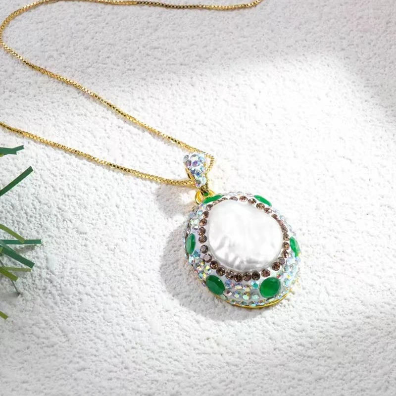 铜合金贝壳项链 气质时尚百搭绿色复古彩色镶嵌坠链项链5726-2