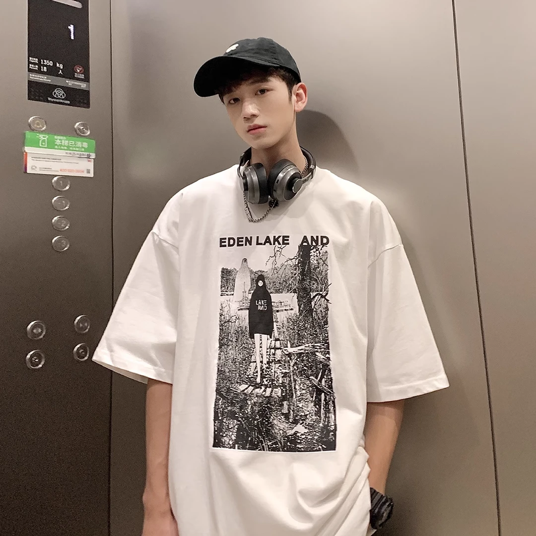 T901夏季潮牌港风复古情侣百搭宽松休闲字母印花短袖t恤