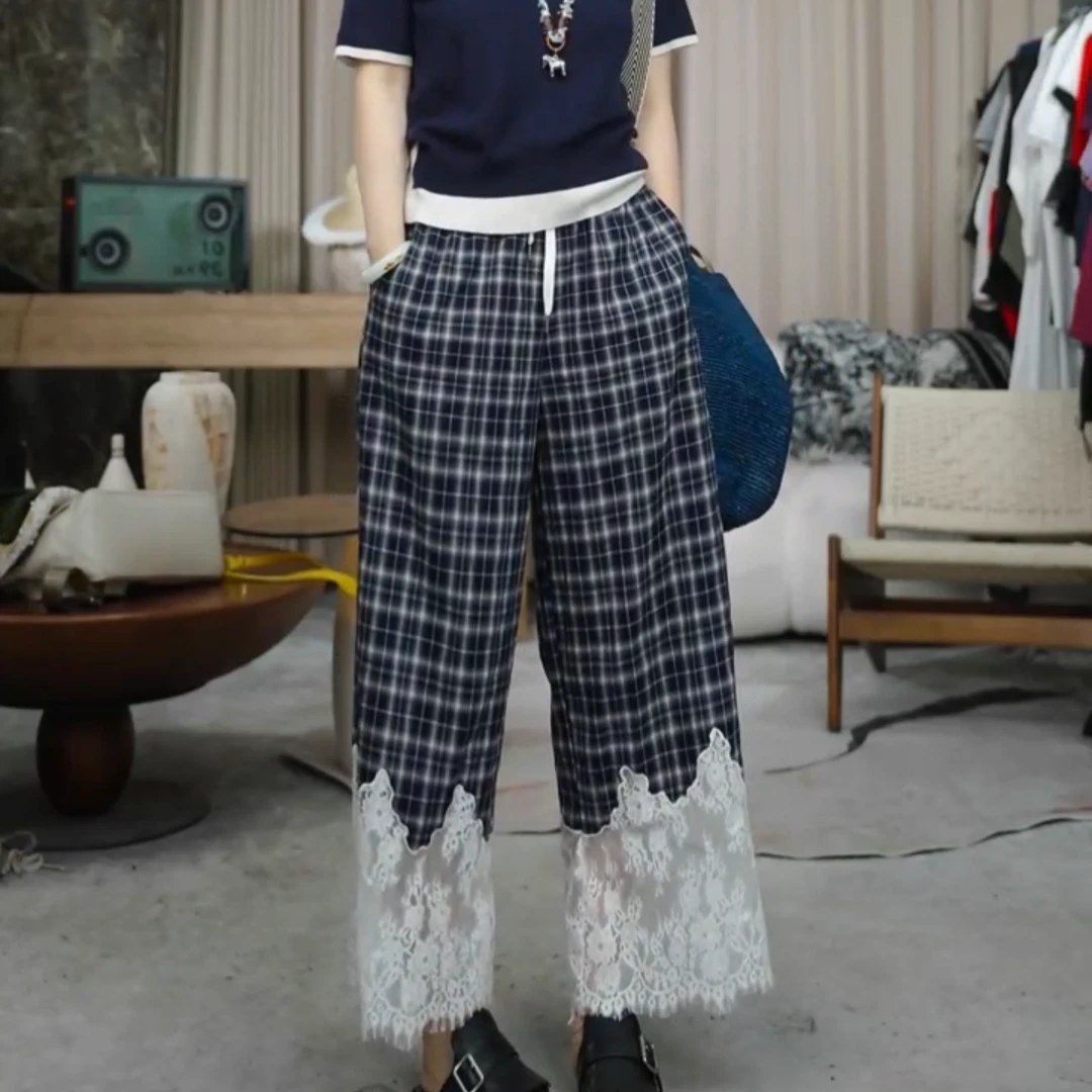 infobyfive2025夏季仙仙格子拼接蕾丝抽绳松紧腰八分裤NF0505006