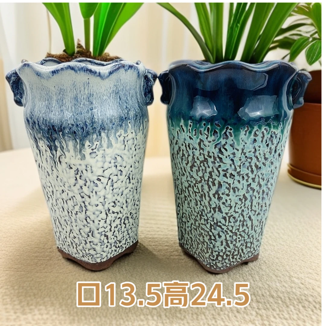 5002水波纹亮釉高方盆法师老桩飘枝单头多肉植物花盆粗陶人工烧制