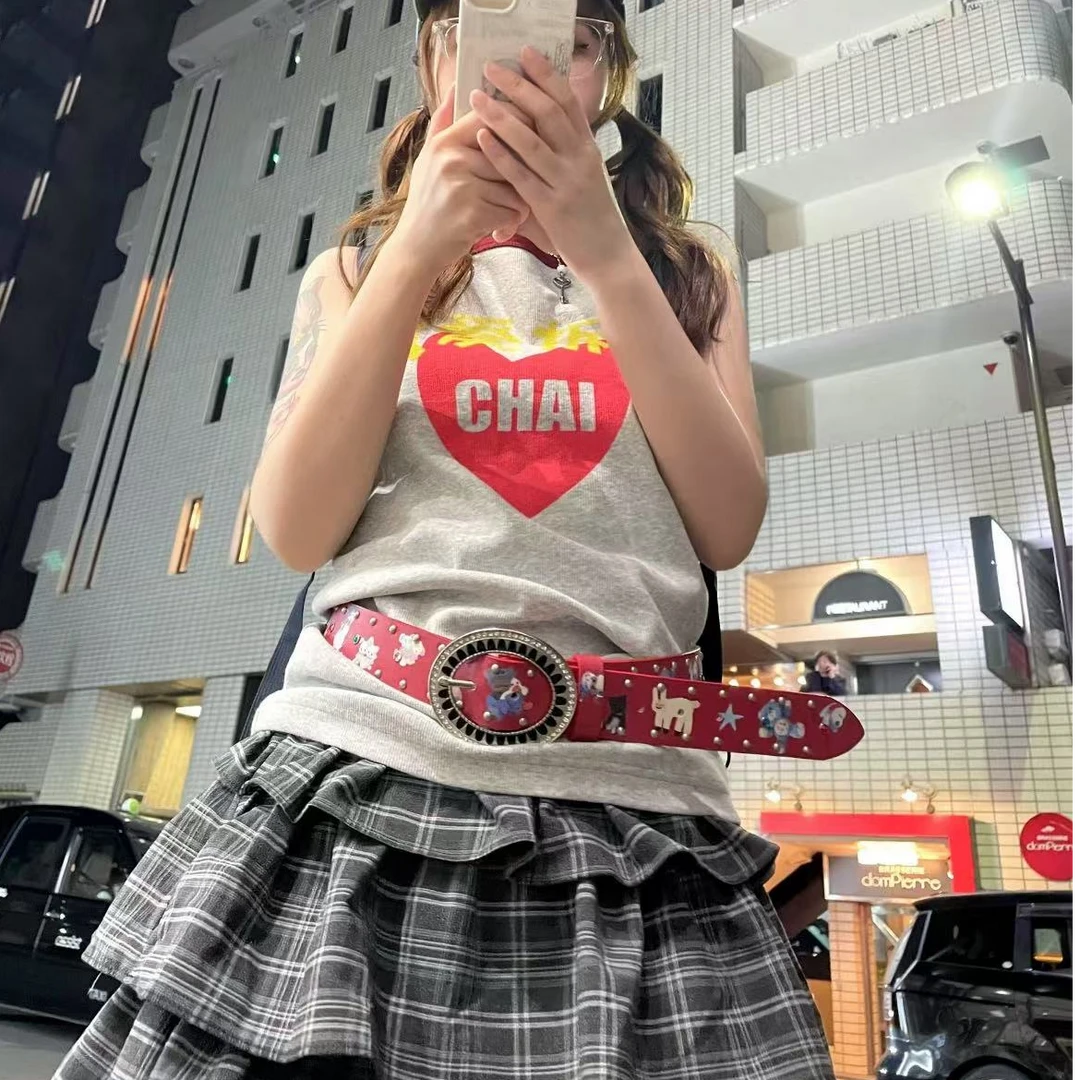 Y2K千禧红色铆钉重工小熊皮带男女二次元亚比可爱图案腰带辣妹弟