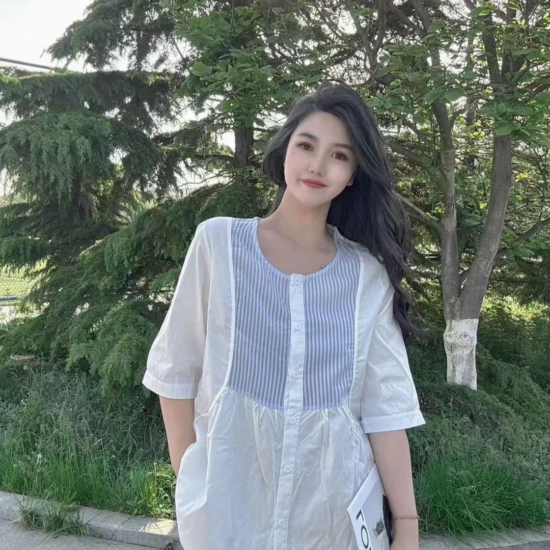 D32155时尚透气条纹拼接淑女风半袖衬衫