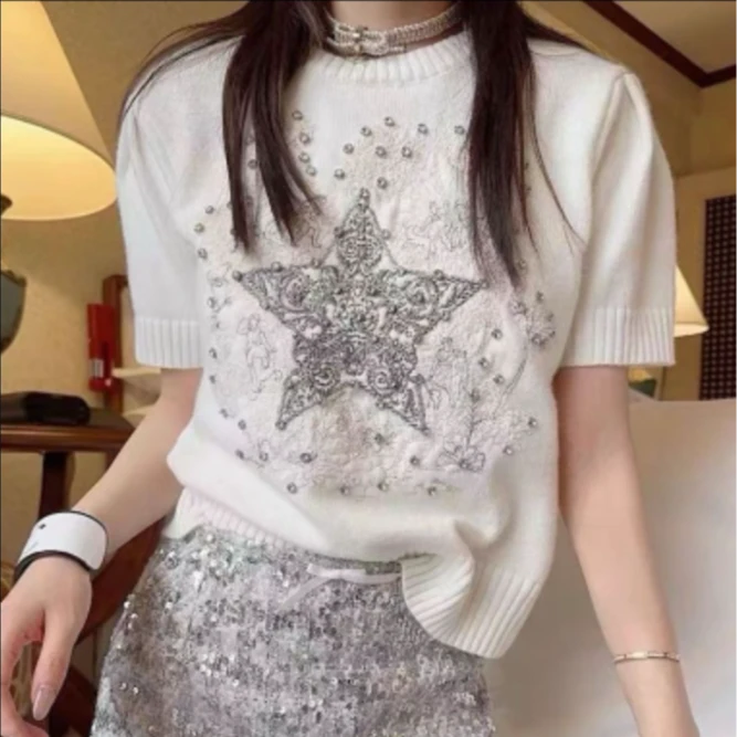 【妞妞】R401-450号 夏季新款烫钻五角星针织气质短袖