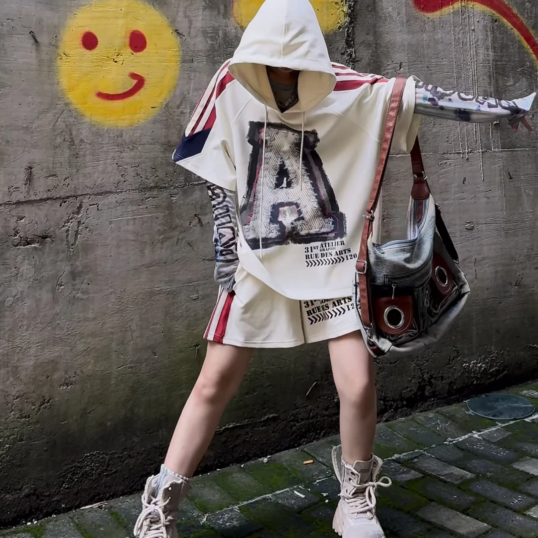 OG夏季冰感果冻空气层美式宽松嘻哈高街街头时尚连帽套装