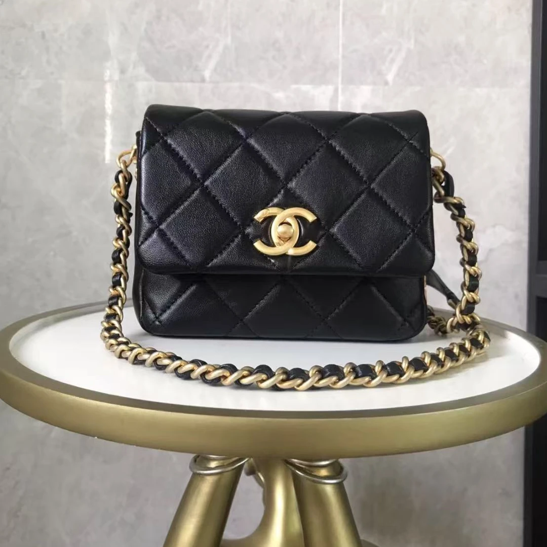99新 Chanel/香奈儿 8025|香奈儿黑金芯片新款侧边字母方胖子斜挎