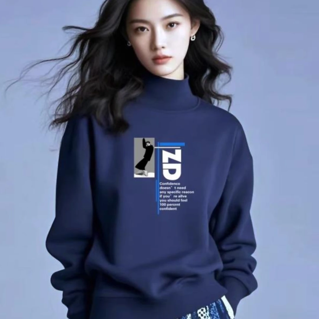 羊羔绒半高领卫衣女过冬保暖穿搭印花时尚简约内搭套头打底上衣服