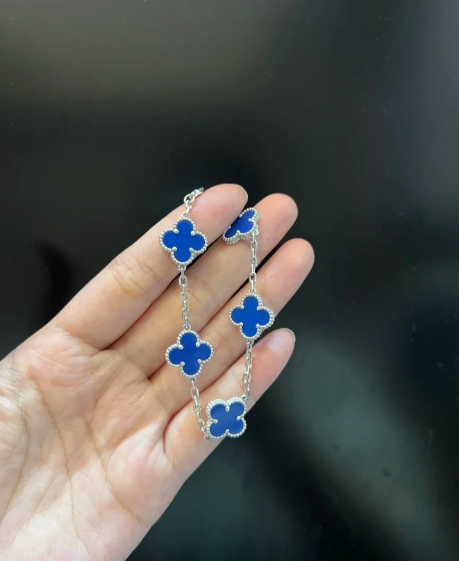 【梵璇珠宝】18k金 蓝五花手链 k白【粗链条薄花瘦花】