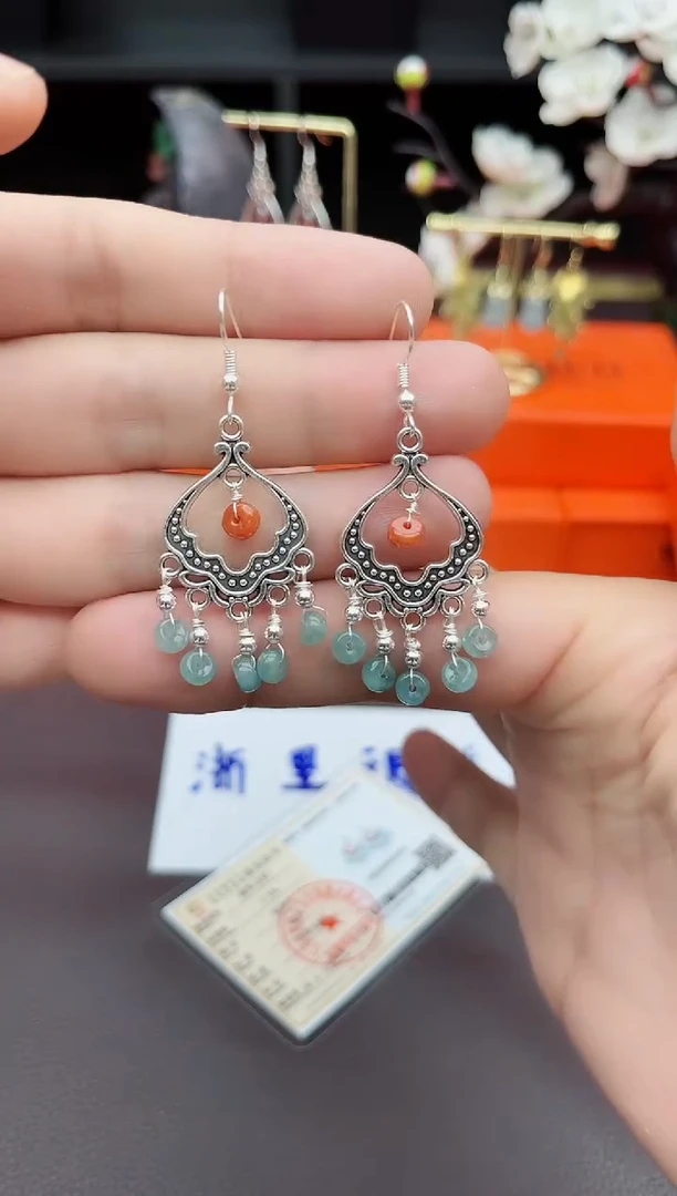 翡翠银S925镶嵌耳饰432000