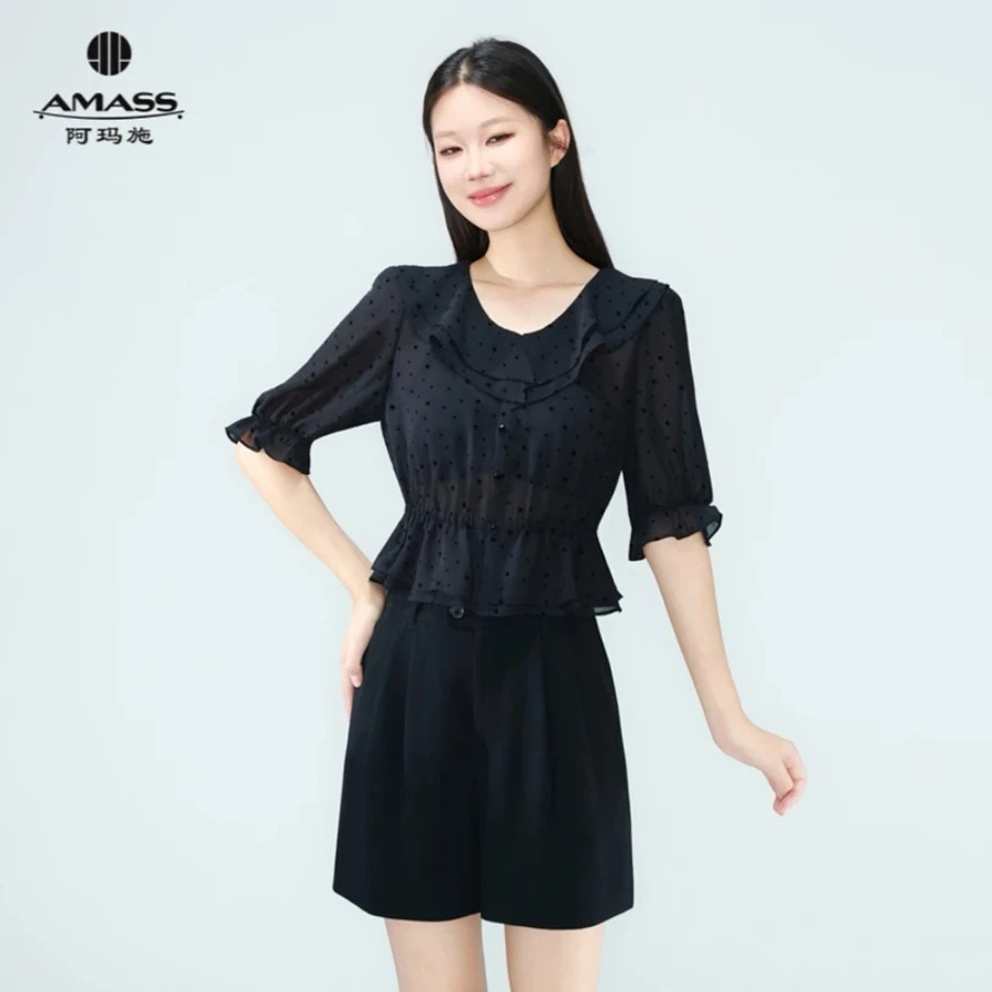 阿玛施AMASS 新款夏季法式简约气质波点短袖衬衫荷叶边衬衣530093