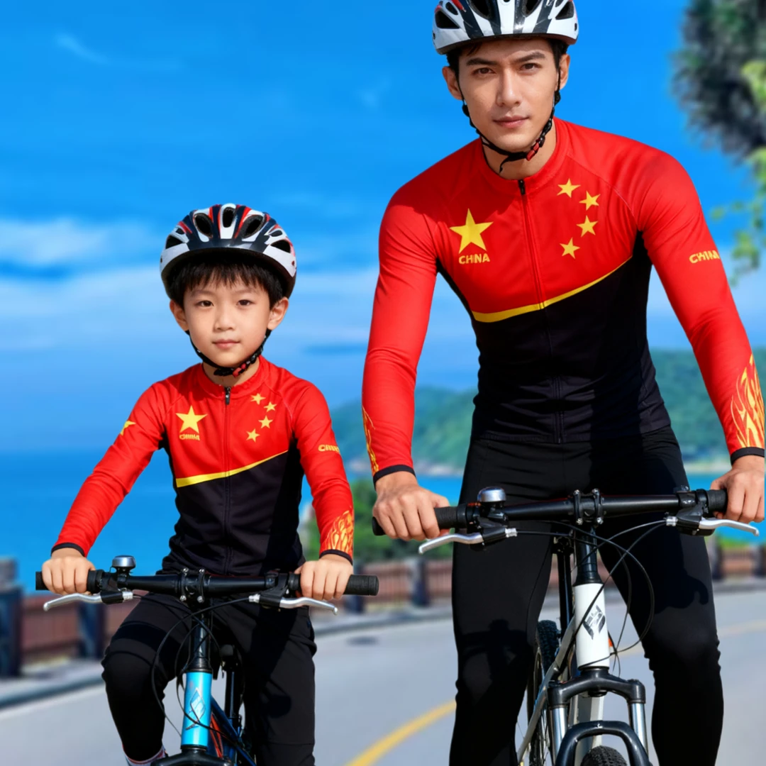 中国风春秋亲子骑行服长袖套装山地自行车平衡车单车服表演轮滑服