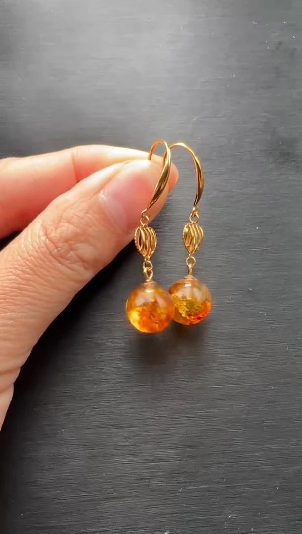 银S925镶嵌琥珀耳饰花珀一对