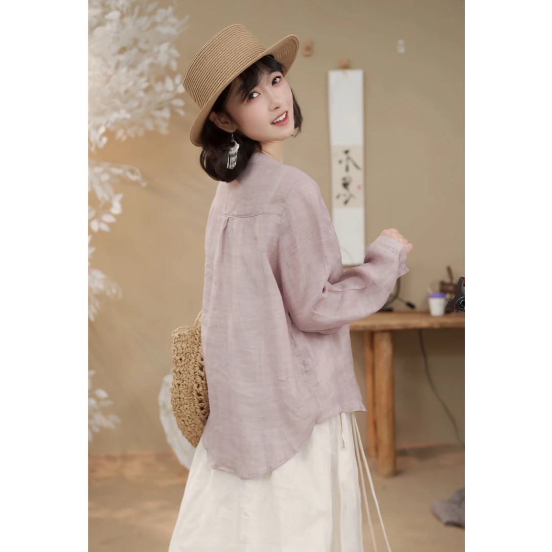 【100苎麻】9666休闲低调V领衬衫25夏季显瘦宽松复古文艺长袖上衣