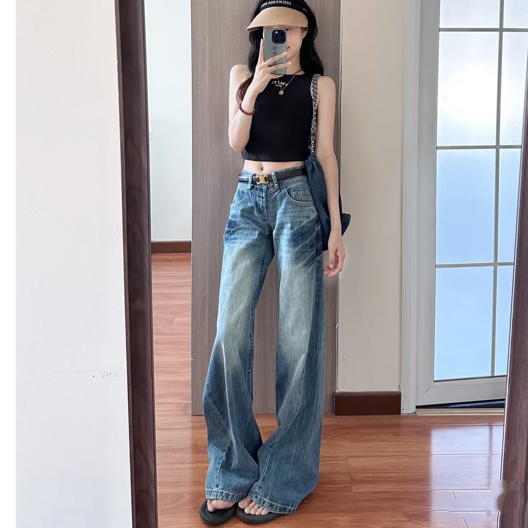 美式复古微喇叭折痕做旧水洗宽松阔腿牛仔裤女高腰辣妹显瘦拖地裤