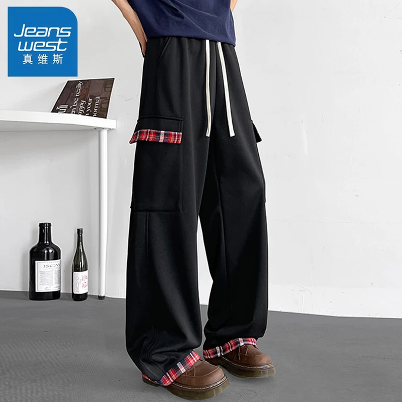真维斯宽松拼接网格工装裤情侣款潮流百搭春秋季必备时尚单品