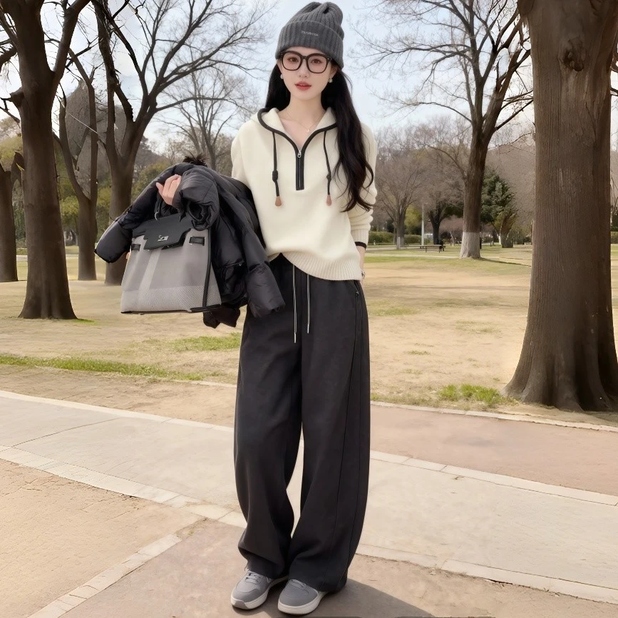 上衣毛针织衫宽松毛衣女插肩袖半拉链减龄连帽针织长袖显瘦韩版