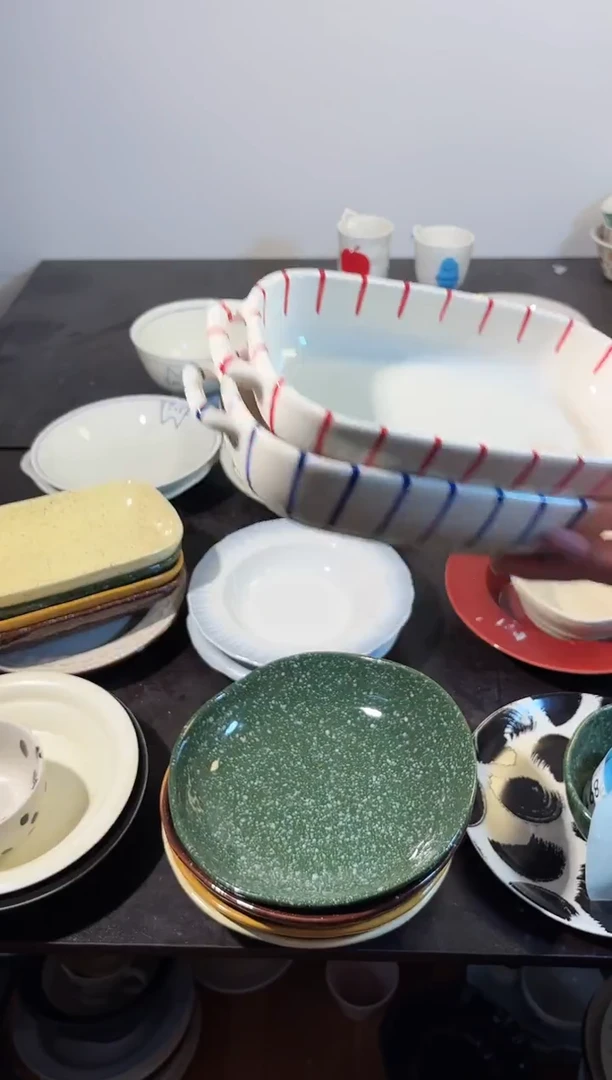 陶竖条纹9.5英寸长方形双耳     蓝色+红色