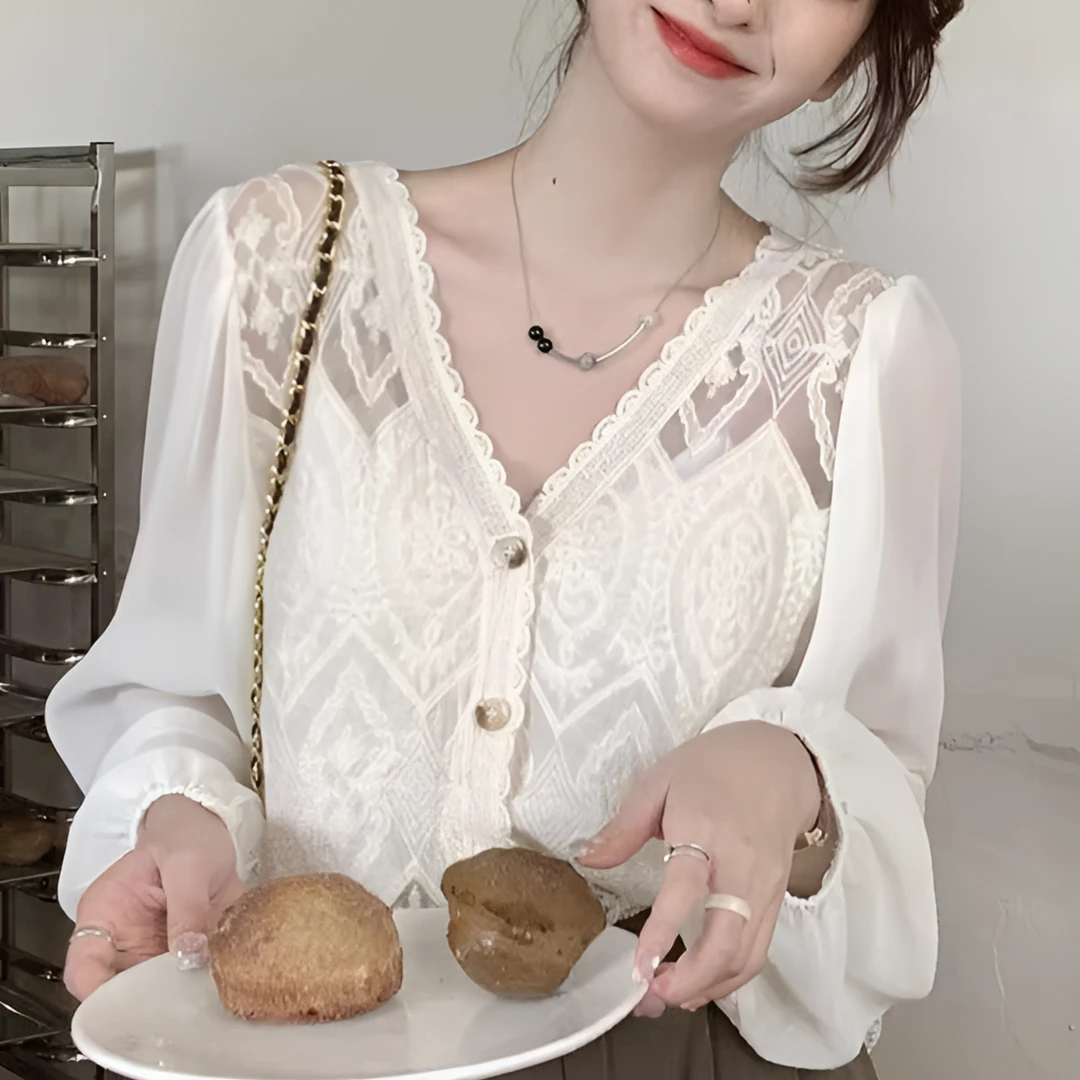 2025夏温柔风小提花拼接镂空遮肉蕾丝小衫女单排扣泡泡袖衬衣