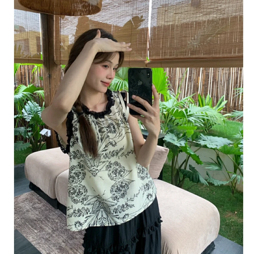 法式甜美木耳边碎花衬衫女夏季港风设计感小众高级感独特上衣9614