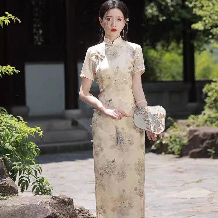 恬子梦 T746 夏季新款 白月黄 裙长120  女士短袖旗袍