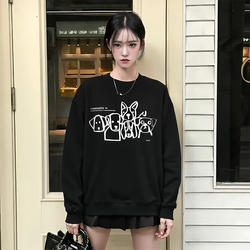 学生党卫衣女2025早春情侣装卡通印花加厚360g宽松圆领ins慵懒风