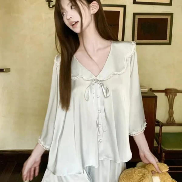 VINEEMAN【冰川蓝七分袖】甜茶女士春秋蕾丝花法式扣女家居四件套