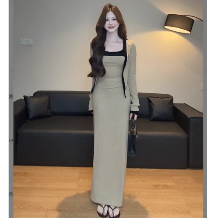 气质小香风撞色长袖套装秋季女百搭两件套连衣裙开衫套装