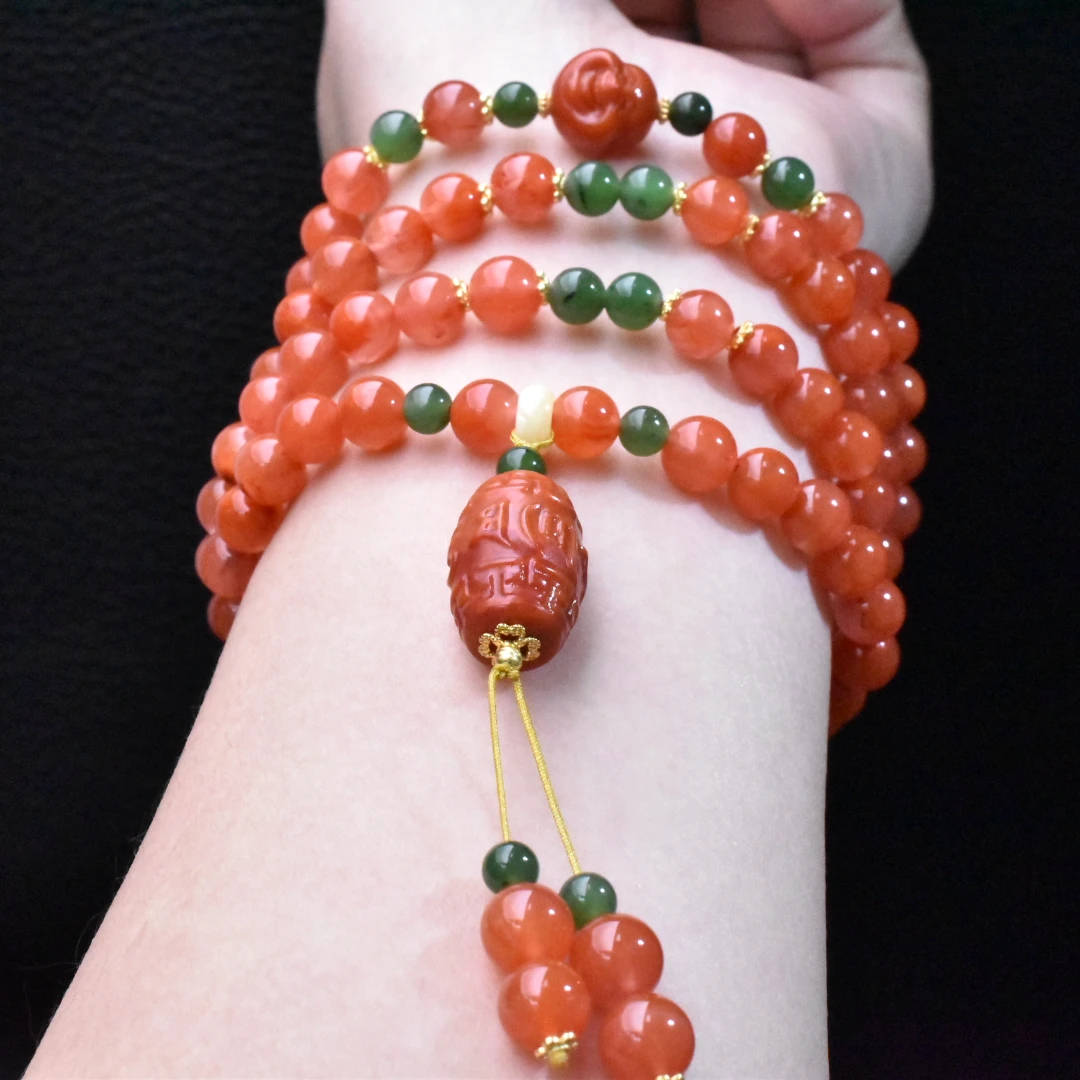 【一九珠宝】S925银南红六字真言桶珠长链-卡7mm  YJ9886-1