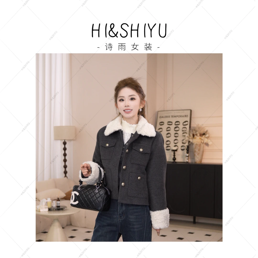 HISHIYU【奶油小香】冬季新款内胆90新国标羽绒通勤撞色毛毛短外套