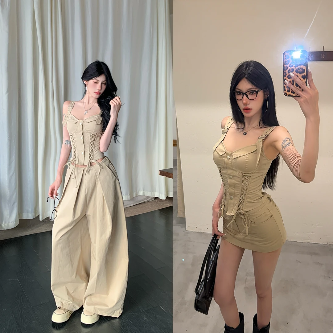 牛牛【沙漠之丘】春夏美式复古气质辣妹鱼骨绑带胸衣吊带N25Y1964