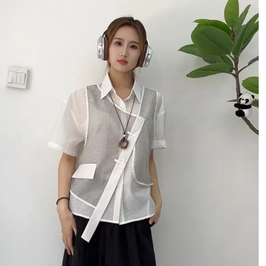 条纹翻领常规夏季衬衫女洋气宽松大码短袖150