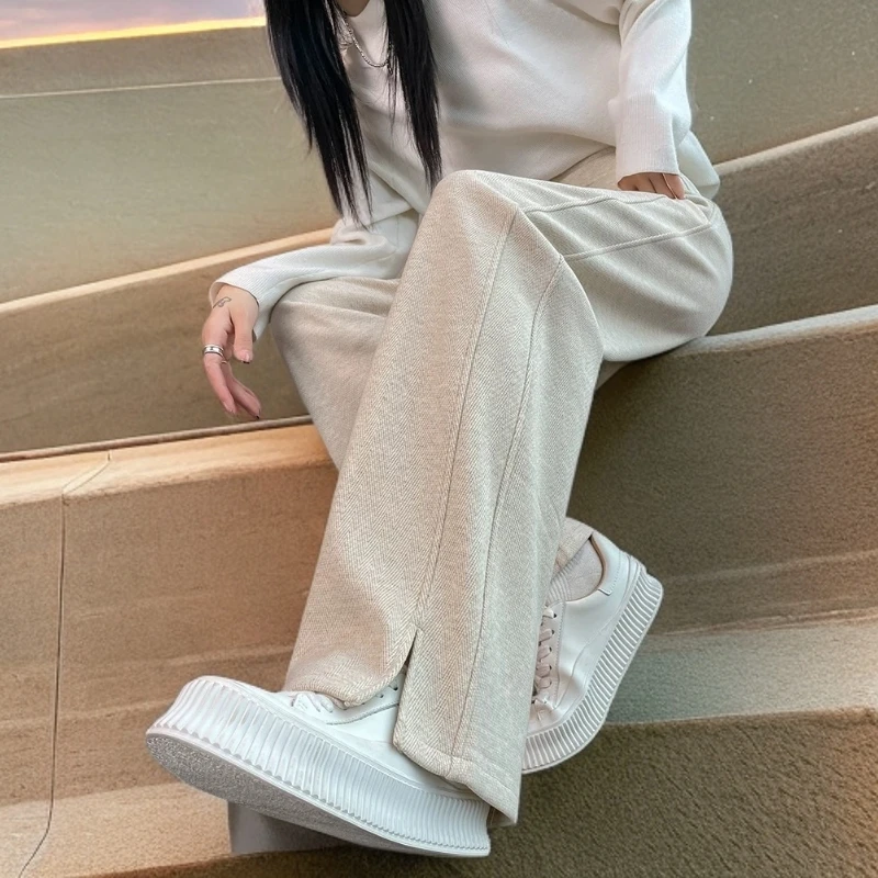 秋冬新款垂感毛呢人字纹直筒阔腿裤高腰宽松窄版显瘦休闲裤外穿女