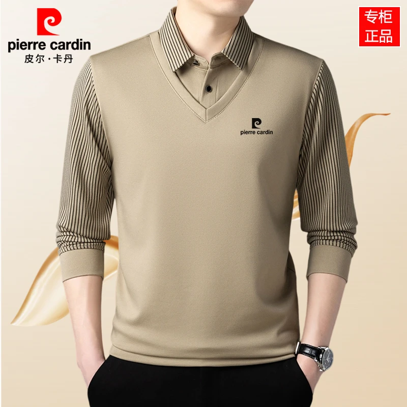 皮尔卡丹男士长袖T恤春秋冬季加绒加厚假两件时尚百搭针织POLO衫