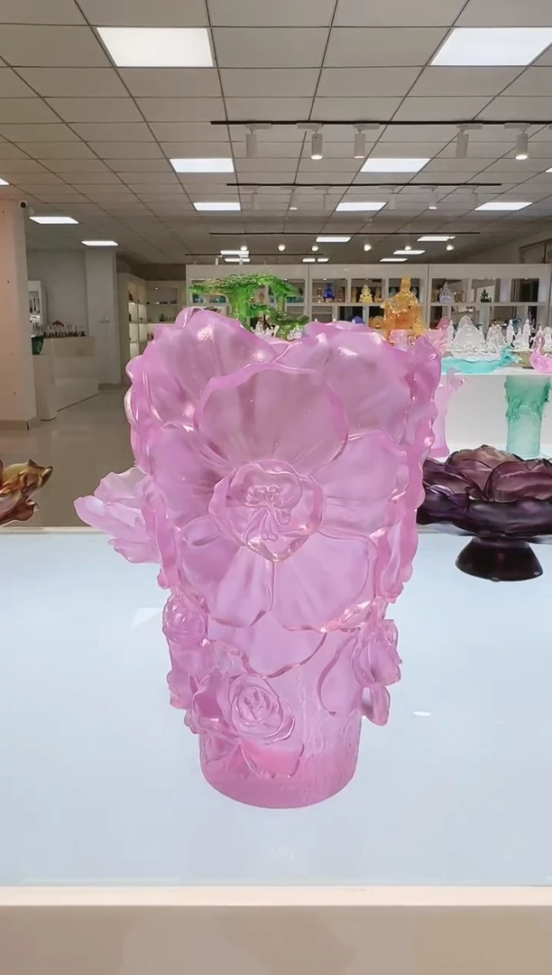 手工艺品琉璃正*古法琉璃山茶花花瓶