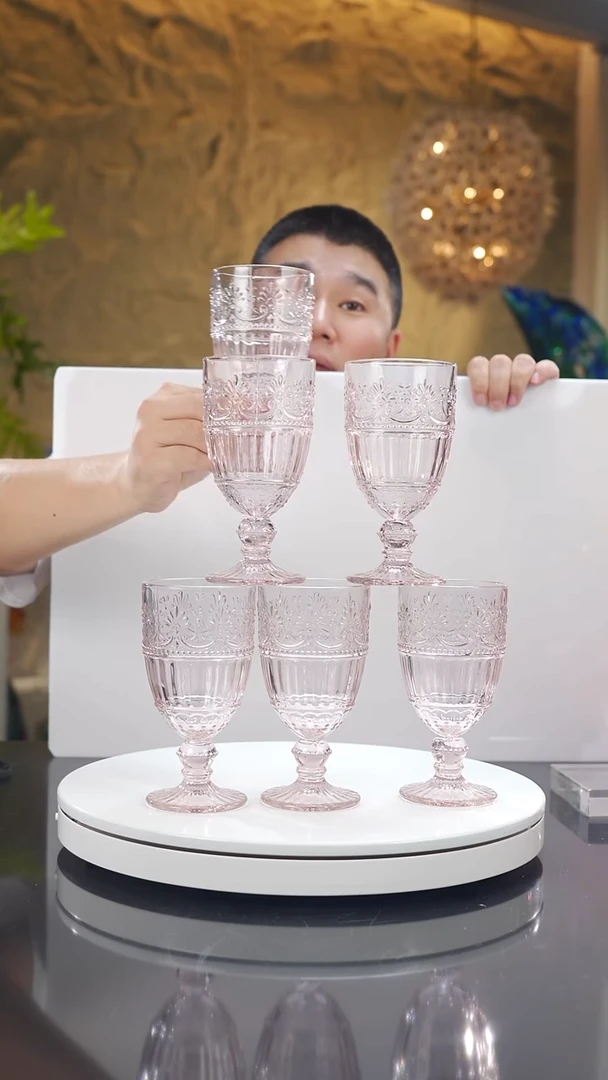 手工艺品琉璃金粉色浮雕高脚杯6只
