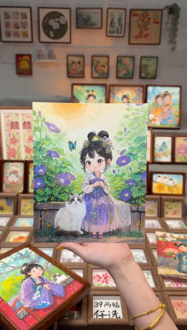 国画?****妈喇叭花布偶女孩 手绘国画10画芯
