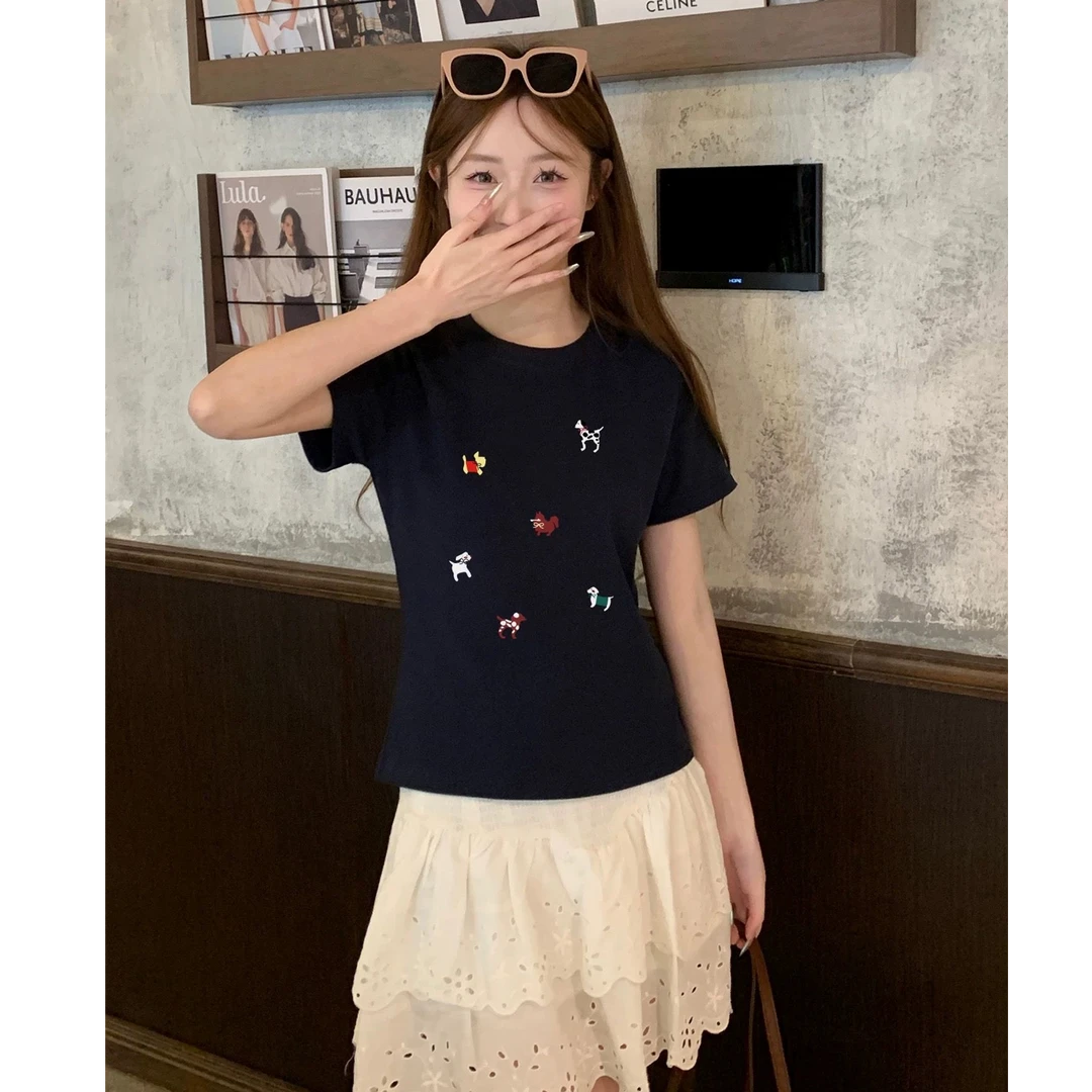 短袖慵懒风T恤女装夏季打底衫百搭修身显瘦时尚韩版圆领印花上衣