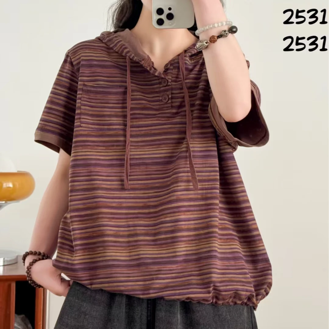 9304新款春夏休闲减龄宽松显瘦条纹女T恤