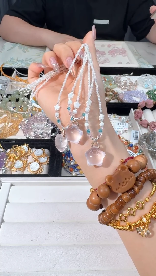 水晶手链银S925镶嵌Q007白贝粉水星星项链