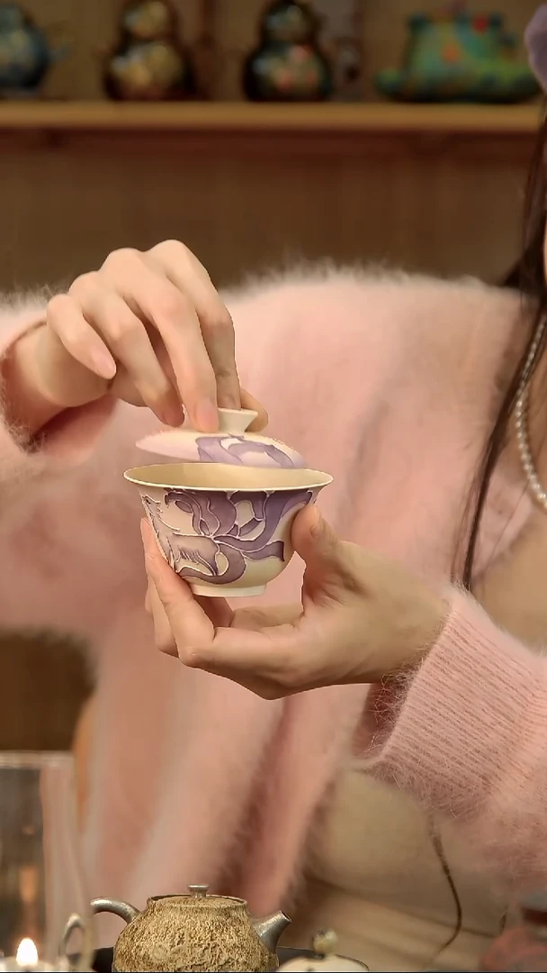 言野手作  点彩紫月盖碗