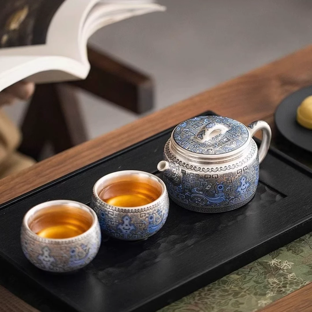 天命玄鸟汉瓦壶大师手工高档茶器瓷胎包银鎏银一壶两杯-2211
