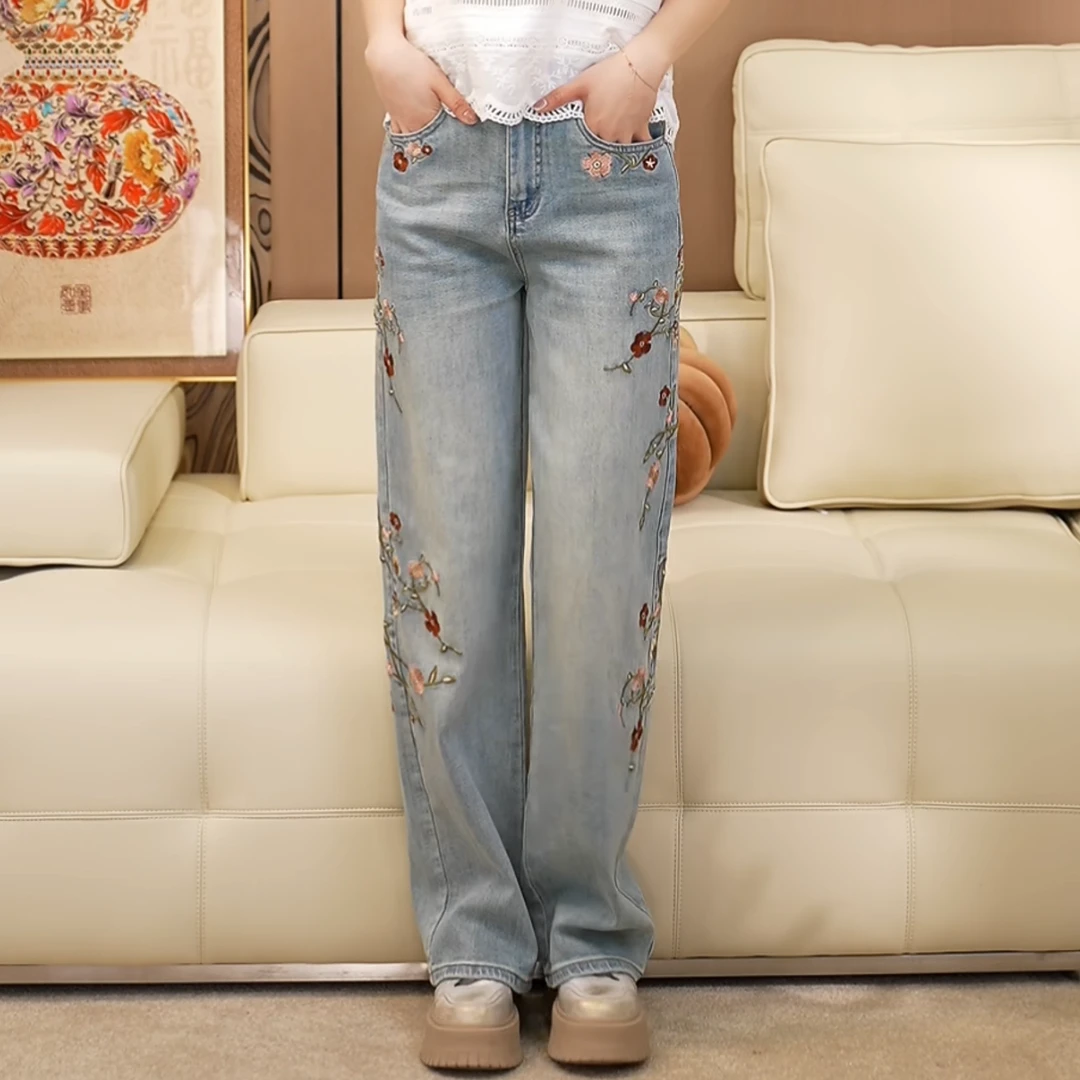 花生花新中式刺绣复古百搭时尚直筒休闲水洗牛仔裤