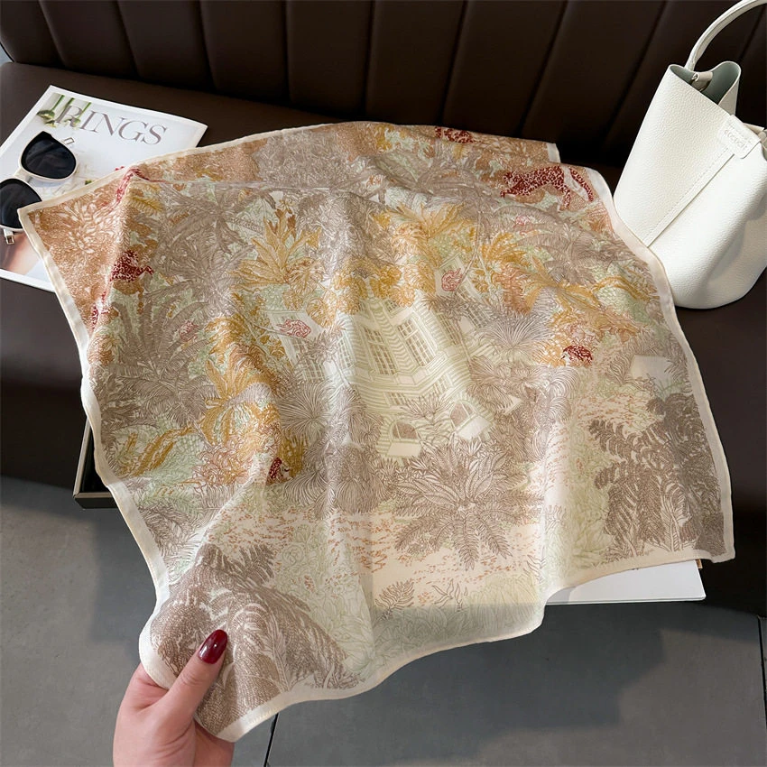 新款柔软质感丛林别墅印花小方巾高级感女士围巾百搭棉麻气质522