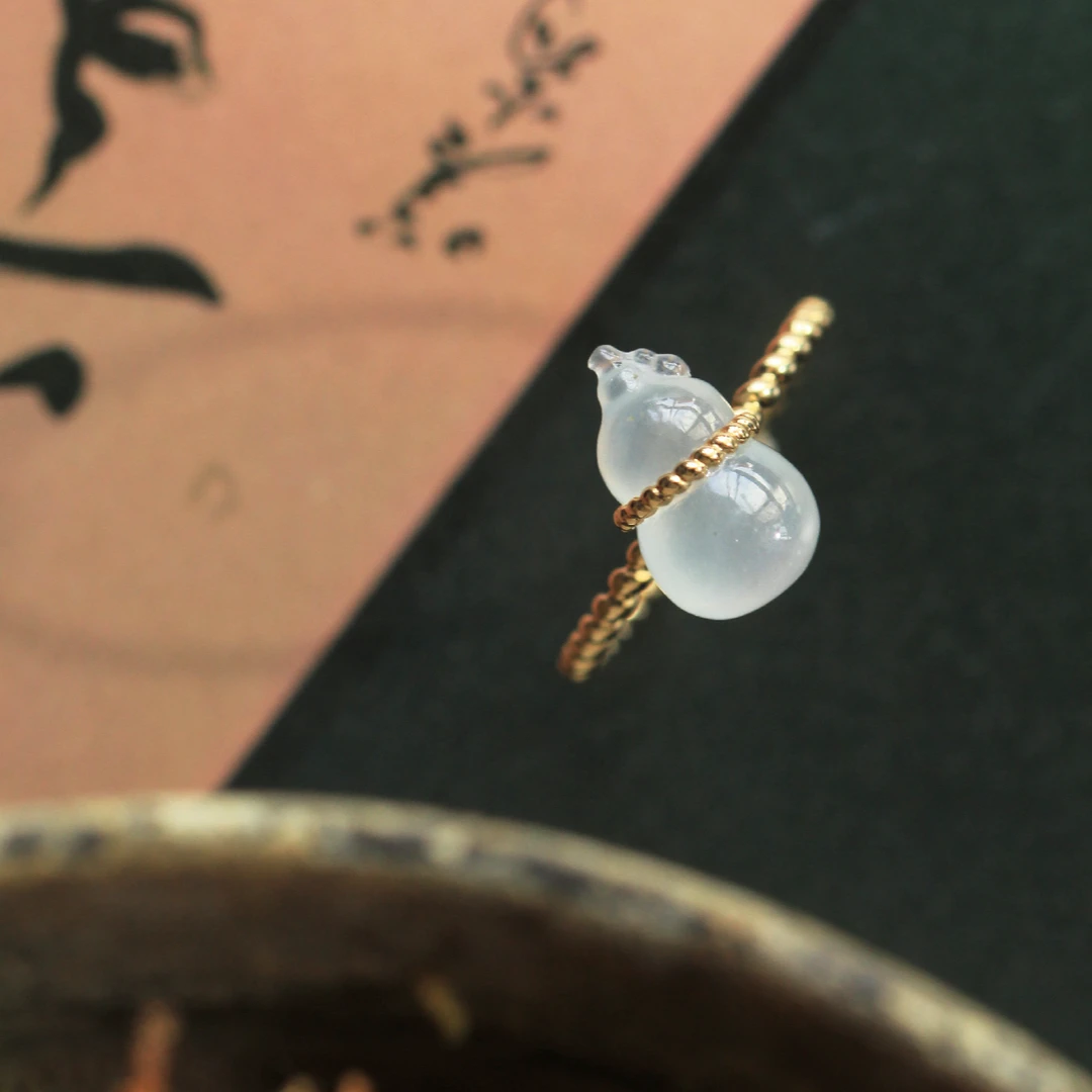 山肆立体小葫芦 冰种翡翠18k金戒指