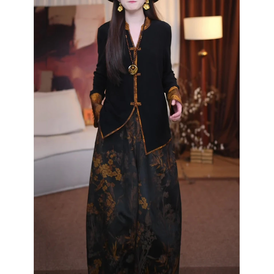 新中式复古时尚套装女2025春秋新款国风修身显瘦黑色衬衫+阔腿裤